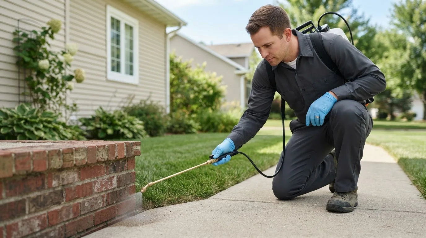 Pest control technician treating a home near South Shore, SD